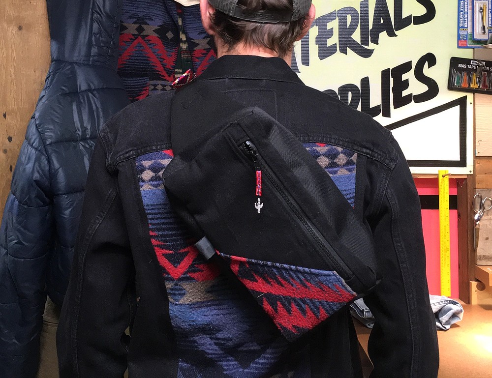 Aztec wool added to a Levi's jacket and sewn into bag