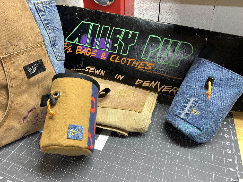 Tote bag, chalk bags, and altered pants